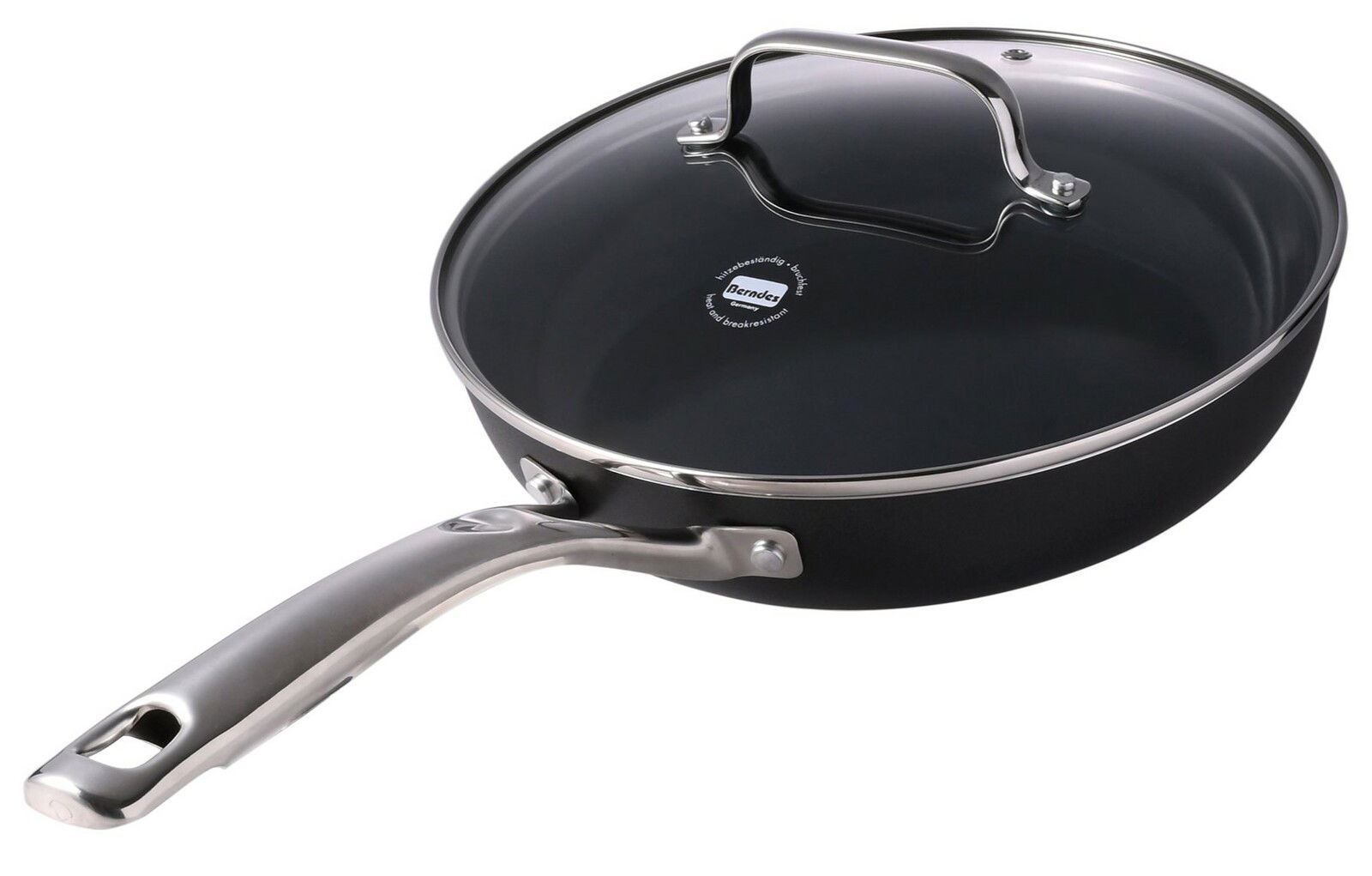 Berndes Schmorpfanne mit Glasdeckel CLASSIC Schwarze Schmorpfanne mit Glasdeckel und Edelstahlgriff, seitliche Perspektive