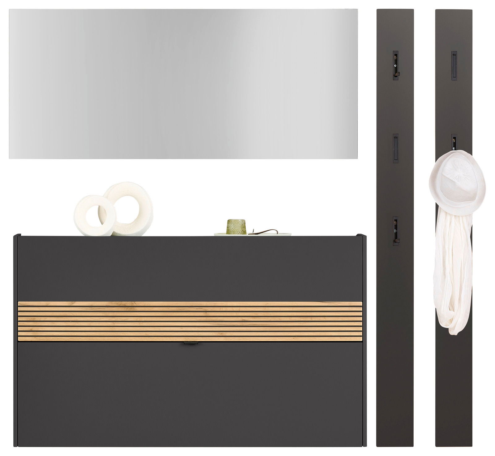 Voleo Garderoben-Set RIO Garderoben-Set in Graphit mit Spiegel, Schuhschrank und zwei Paneelen, frontal abgebildet.