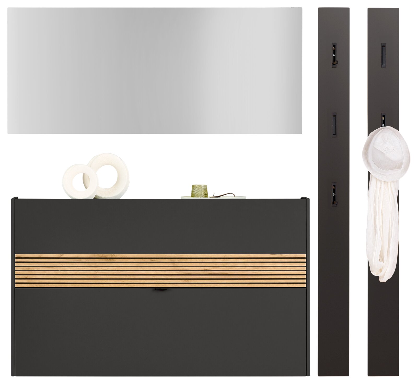 Voleo Garderoben-Set RIO Garderoben-Set in Graphit mit Spiegel, Schuhschrank und zwei Paneelen, frontal abgebildet.