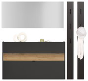 Garderoben-Set in Graphit mit Spiegel, Schuhschrank und zwei Paneelen, frontal abgebildet.