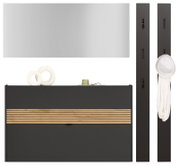 Garderoben-Set in Graphit mit Spiegel, Schuhschrank und zwei Paneelen, frontal abgebildet.