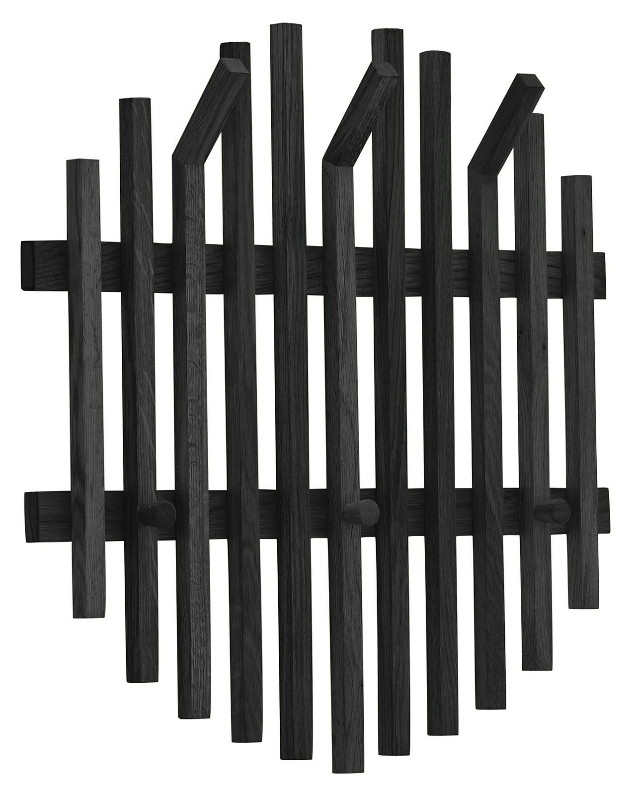 Linea Natura Garderobenpaneel BANTRY Schwarzes Garderobenpaneel aus Holz mit vertikalen und schrägen Streben, frontale Ansicht.