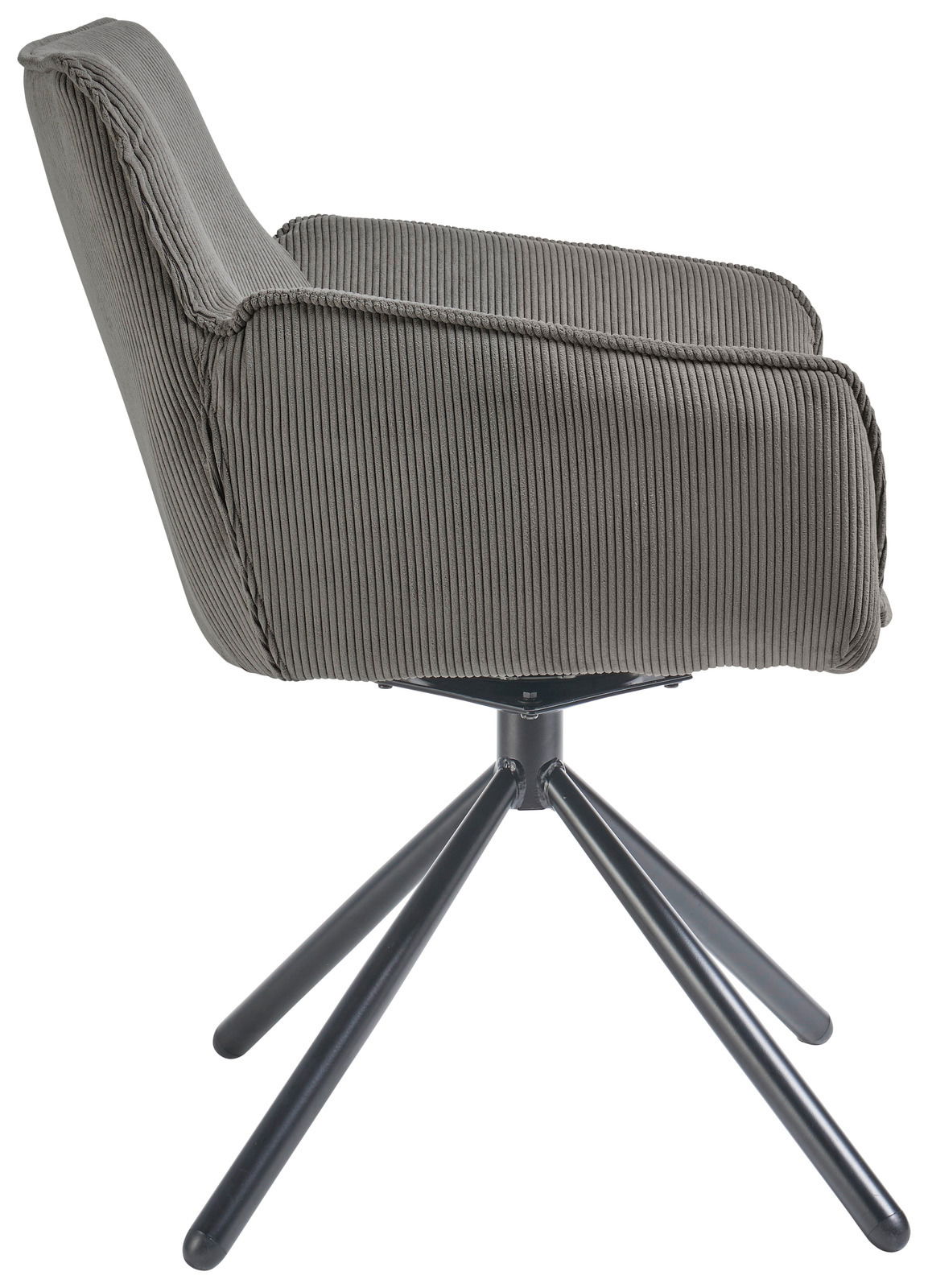 Grauer Armlehnstuhl mit geripptem Stoffbezug und schwarzem Metallgestell, seitliche Perspektive