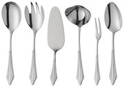 Sechs-teiliges Besteckset aus Edelstahl mit dekorativen Griffen, bestehend aus Suppenkelle, Salatgabel, Tortenheber, Soßenlöffel, Fleischgabel und Servierlöffel, frontal abgebildet.