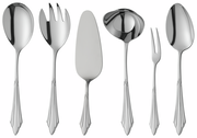 Sechs-teiliges Besteckset aus Edelstahl mit dekorativen Griffen, bestehend aus Suppenkelle, Salatgabel, Tortenheber, Soßenlöffel, Fleischgabel und Servierlöffel, frontal abgebildet.