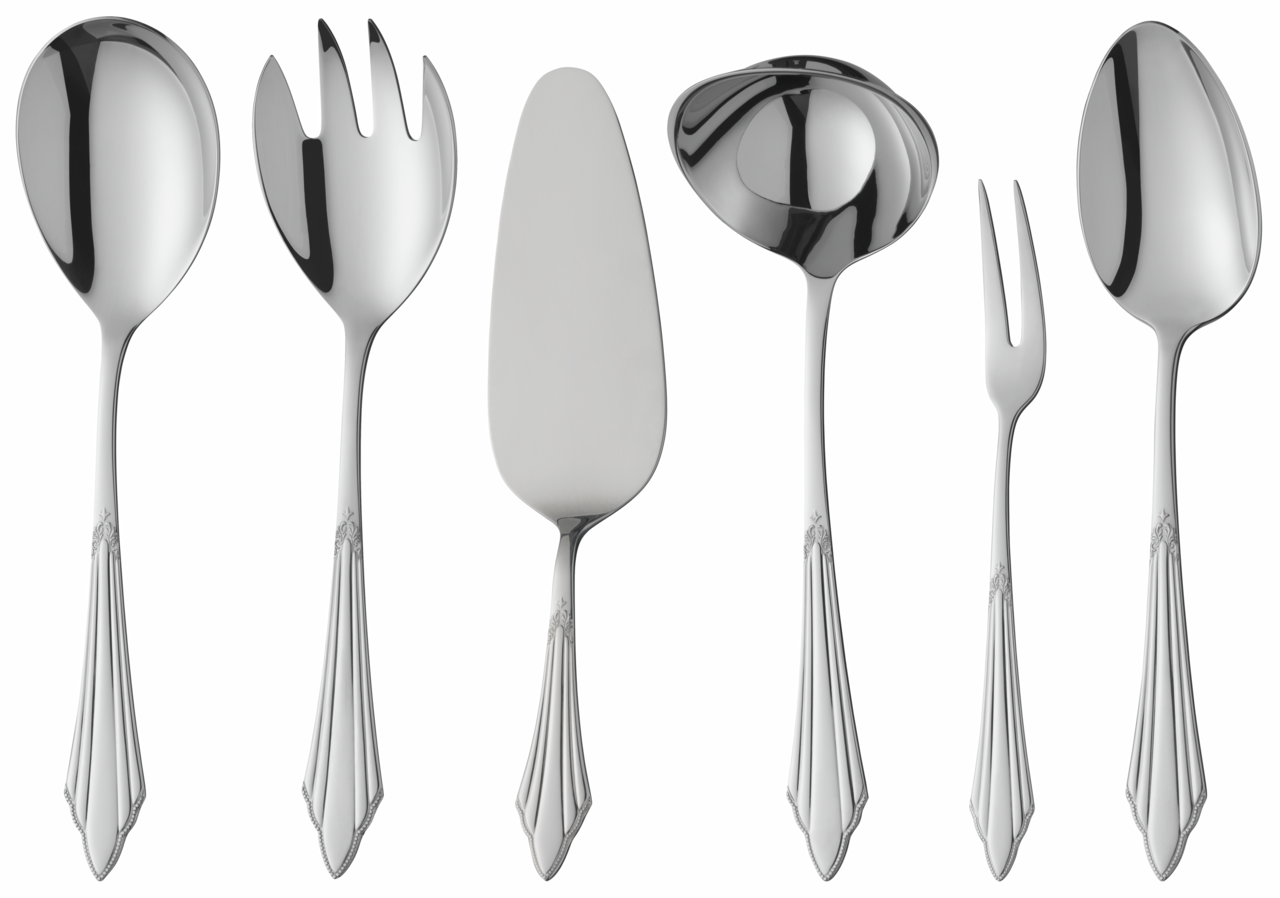 Sechs-teiliges Besteckset aus Edelstahl mit dekorativen Griffen, bestehend aus Suppenkelle, Salatgabel, Tortenheber, Soßenlöffel, Fleischgabel und Servierlöffel, frontal abgebildet.