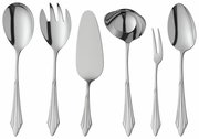 Sechs-teiliges Besteckset aus Edelstahl mit dekorativen Griffen, bestehend aus Suppenkelle, Salatgabel, Tortenheber, Soßenlöffel, Fleischgabel und Servierlöffel, frontal abgebildet.