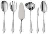 Sechs-teiliges Besteckset aus Edelstahl mit dekorativen Griffen, bestehend aus Suppenkelle, Salatgabel, Tortenheber, Soßenlöffel, Fleischgabel und Servierlöffel, frontal abgebildet.