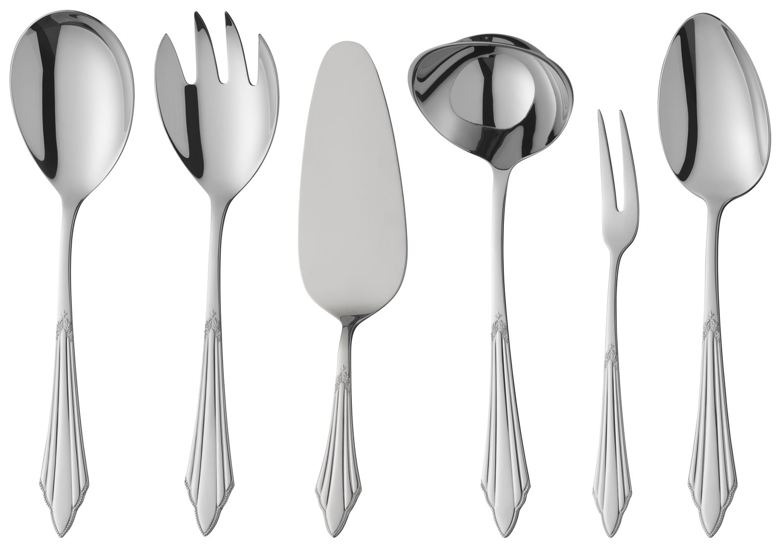 Sechs-teiliges Besteckset aus Edelstahl mit dekorativen Griffen, bestehend aus Suppenkelle, Salatgabel, Tortenheber, Soßenlöffel, Fleischgabel und Servierlöffel, frontal abgebildet.