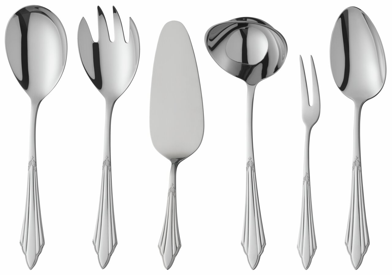 Zesdelige bestekset van roestvrij staal met decoratieve handgrepen, bestaande uit een soeplepel, saladevork, taartschep, sauslepel, vleesvork en opscheplepel, hier vooraanzicht.