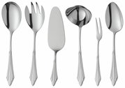 Zesdelige bestekset van roestvrij staal met decoratieve handgrepen, bestaande uit een soeplepel, saladevork, taartschep, sauslepel, vleesvork en opscheplepel, hier vooraanzicht.