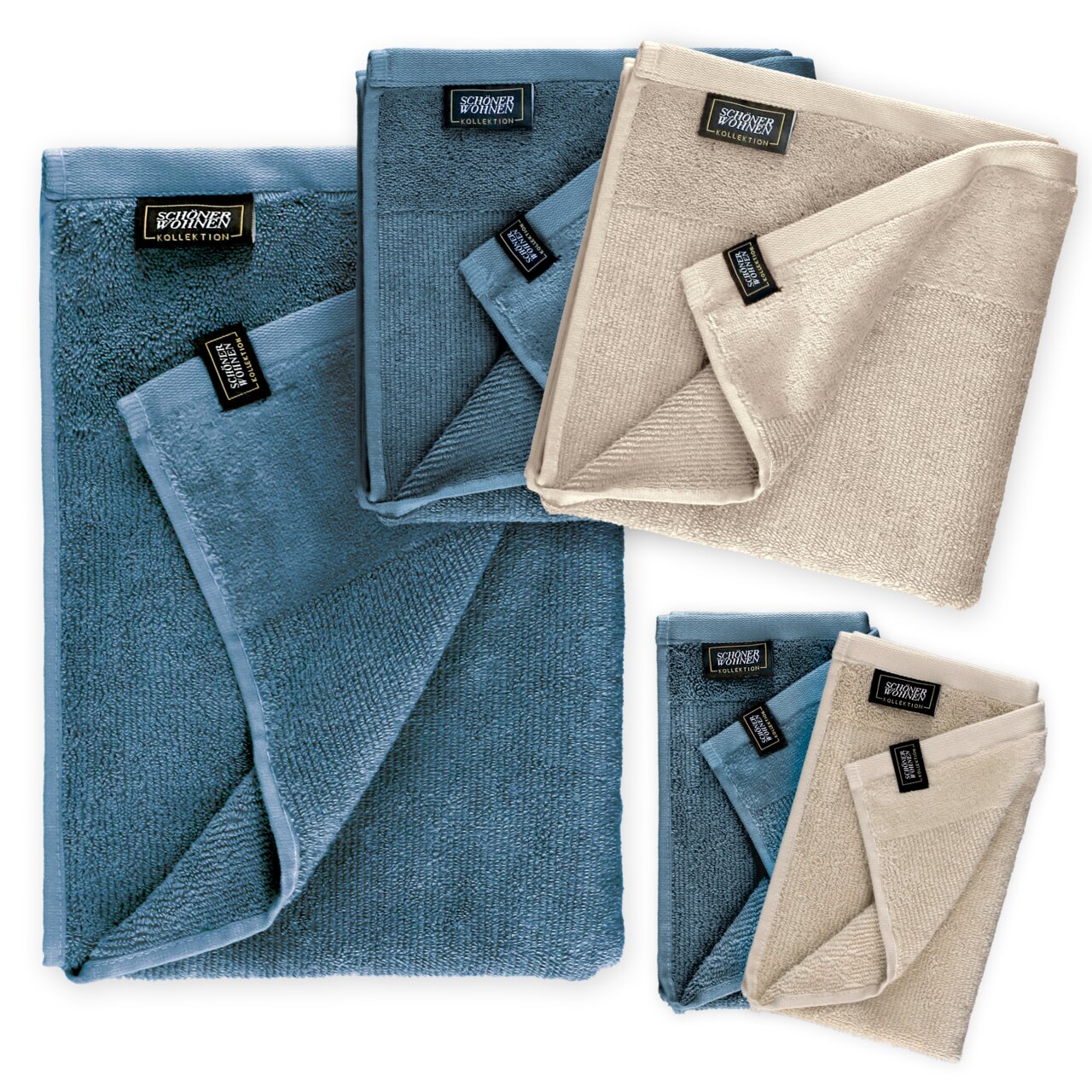 Frottierset 5-teilig in Blau und Beige, von oben fotografiert, bestehend aus Handtüchern in verschiedenen Größen.