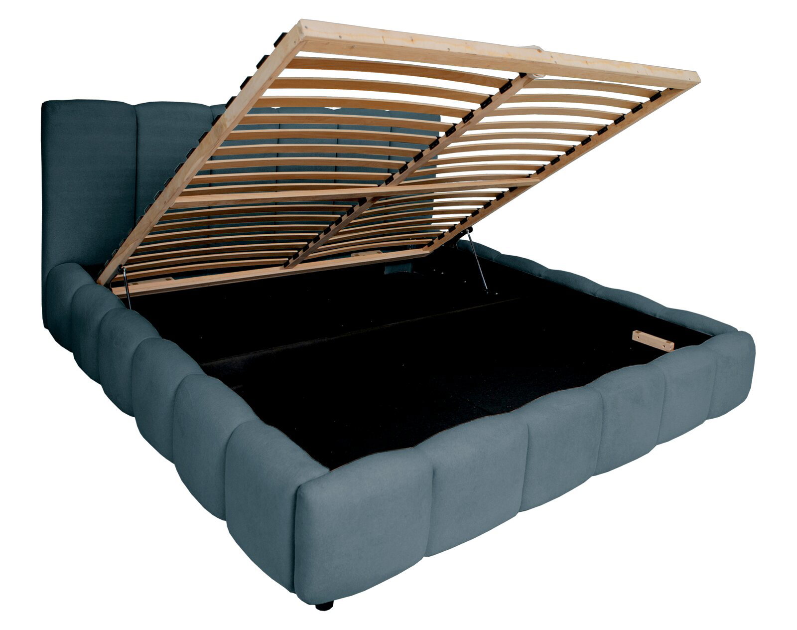 Polsterbettgestell mit hochgeklapptem Lattenrost, seitliche Perspektive
