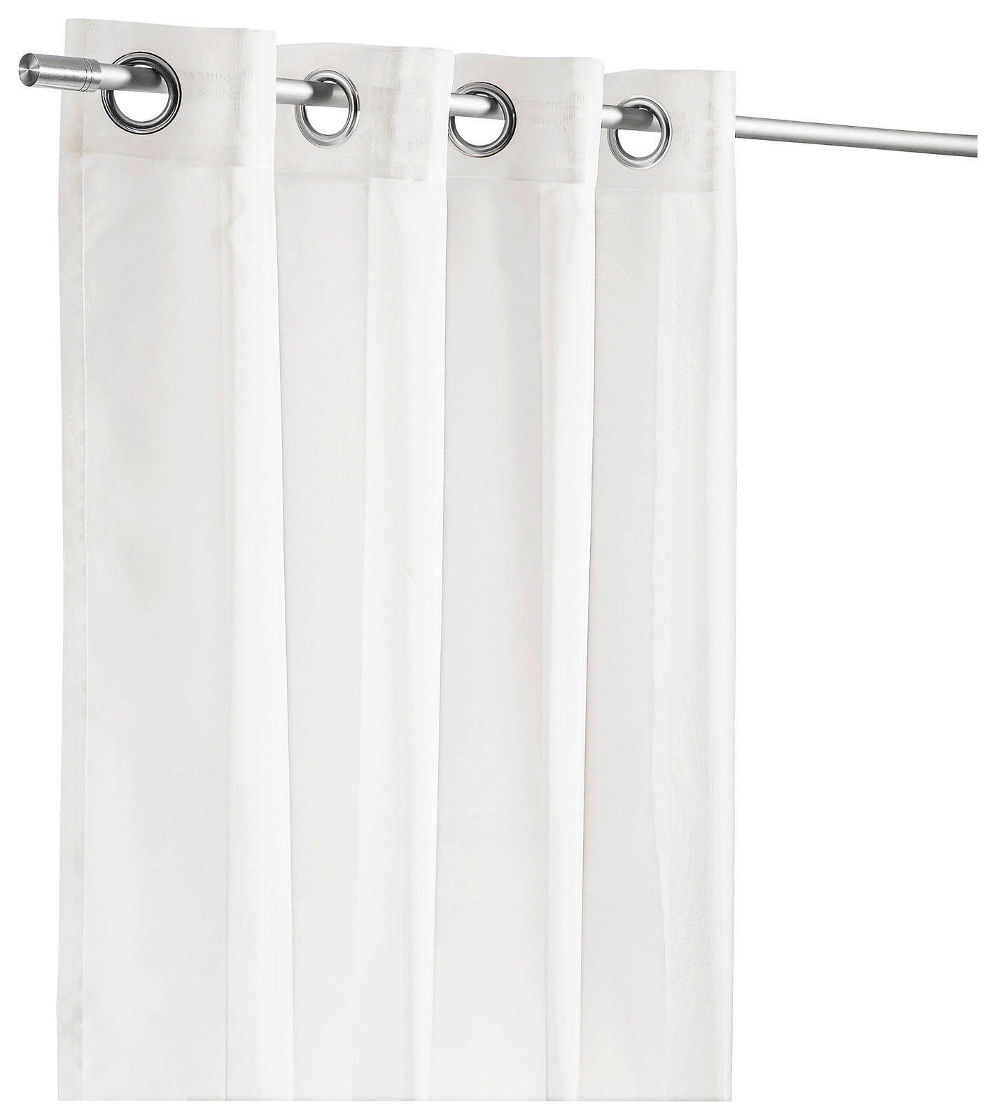 Weißer Ösenschal aus Stoff, frontal fotografiert, aufgehängt an einer Gardinenstange.