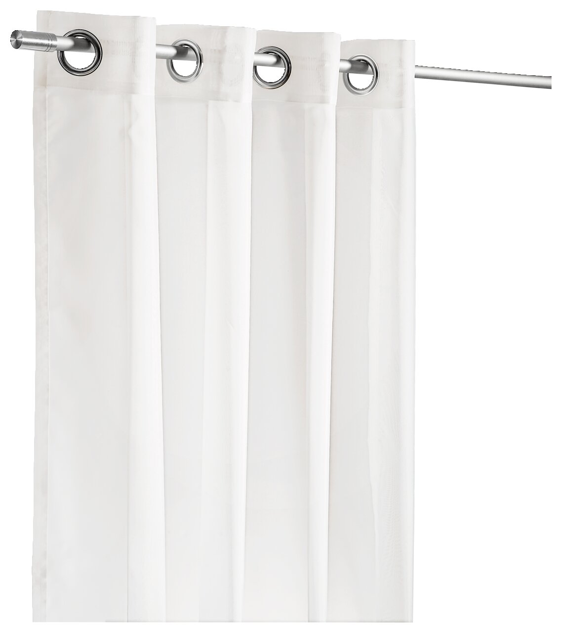 Weißer Ösenschal aus Stoff, frontal fotografiert, aufgehängt an einer Gardinenstange.