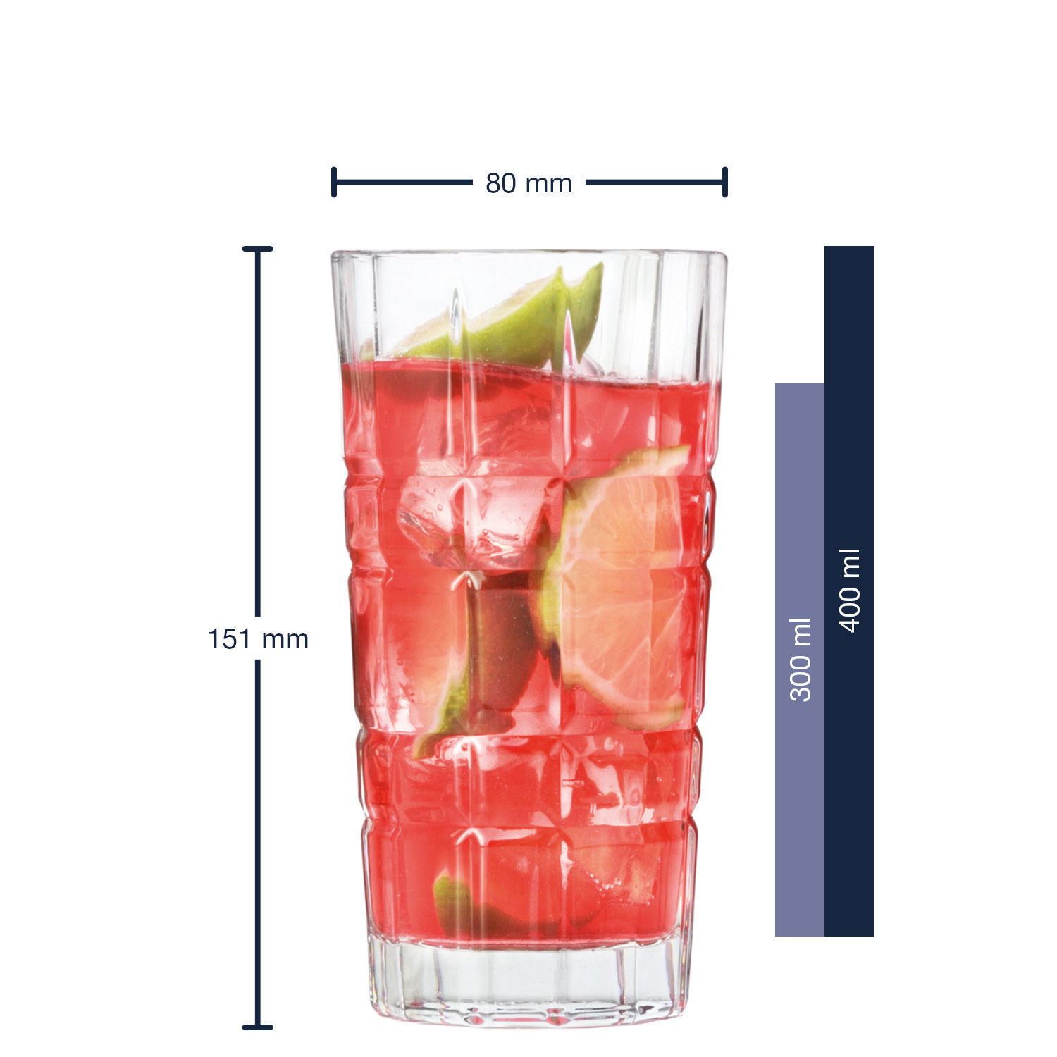Longdrinkglas SPIRITII 400ml, gefüllt mit rotem Getränk und Limettenscheiben, frontale Ansicht