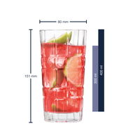 Longdrinkglas SPIRITII 400ml, gefüllt mit rotem Getränk und Limettenscheiben, frontale Ansicht