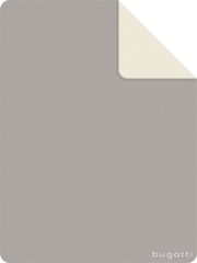 Graue Jacquard Decke 150x200cm mit umgeschlagener Ecke, Markenname 'bugatti' sichtbar, Draufsicht.