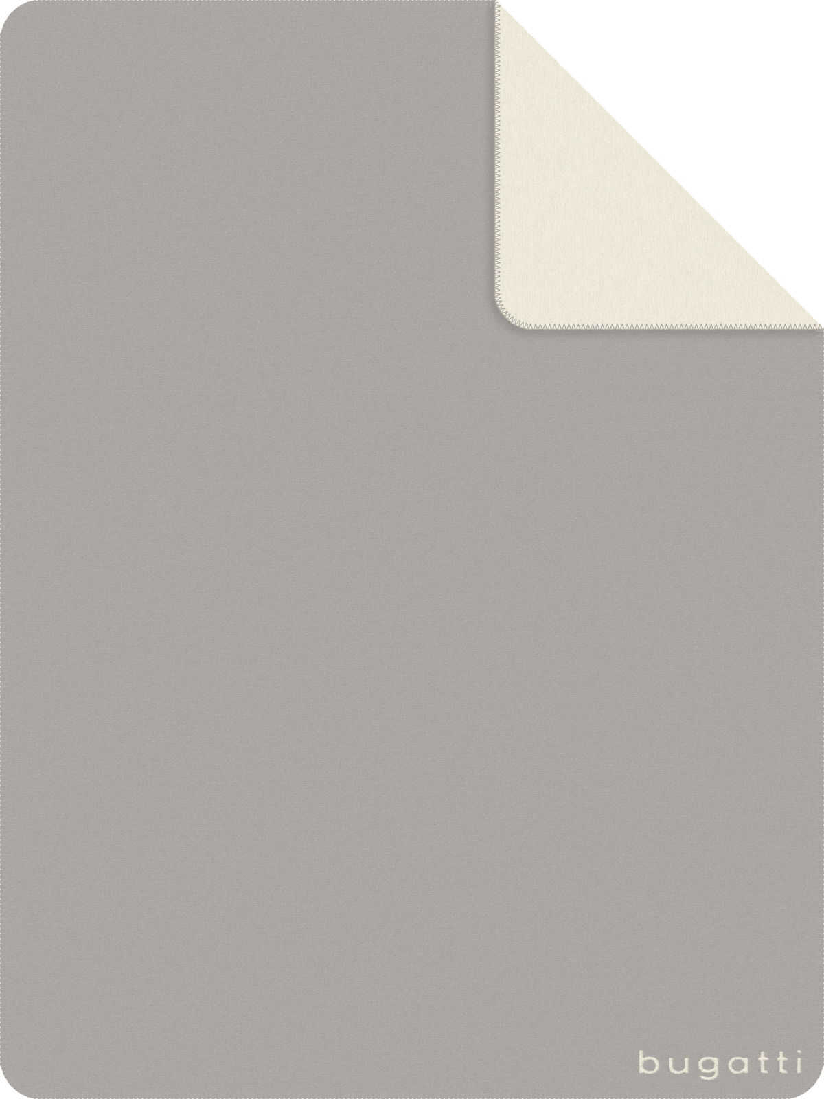 Graue Jacquard Decke 150x200cm mit umgeschlagener Ecke, Markenname 'bugatti' sichtbar, Draufsicht.