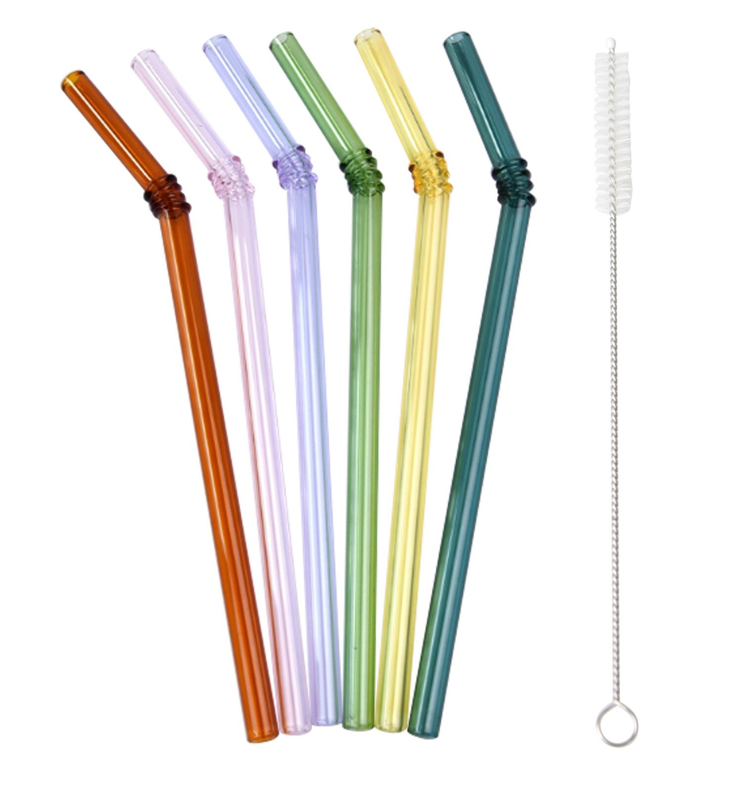 Buntes Trinkhalmset aus Glas mit Reinigungsbürste, seitliche Ansicht