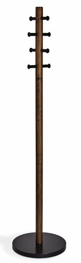 Moderner Garderobenständer aus Holz mit mehreren Haken, frontal abgebildet.