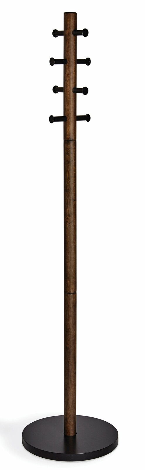 Moderner Garderobenständer aus Holz mit mehreren Haken, frontal abgebildet.