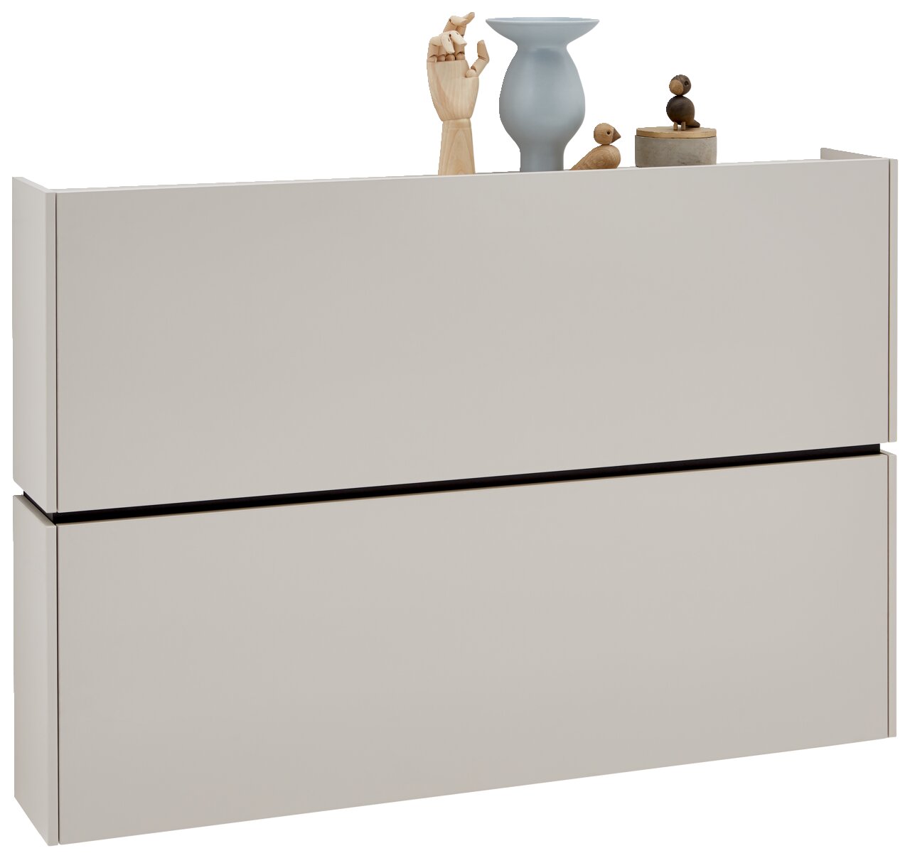 Moderner Hängeschuhschrank in hellem Beige mit Dekorationen auf der Oberseite, seitliche Perspektive