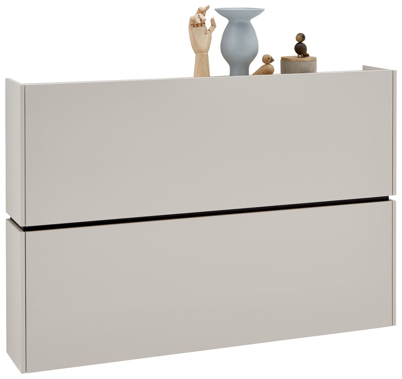 Moderner Hängeschuhschrank in hellem Beige mit Dekorationen auf der Oberseite, seitliche Perspektive