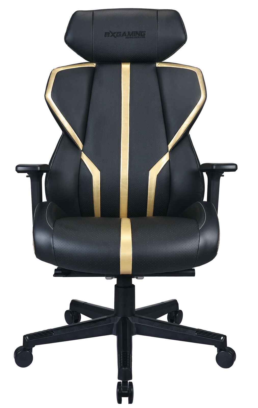 Schwarzer Gaming-Stuhl mit goldenen Akzenten, Vorderansicht