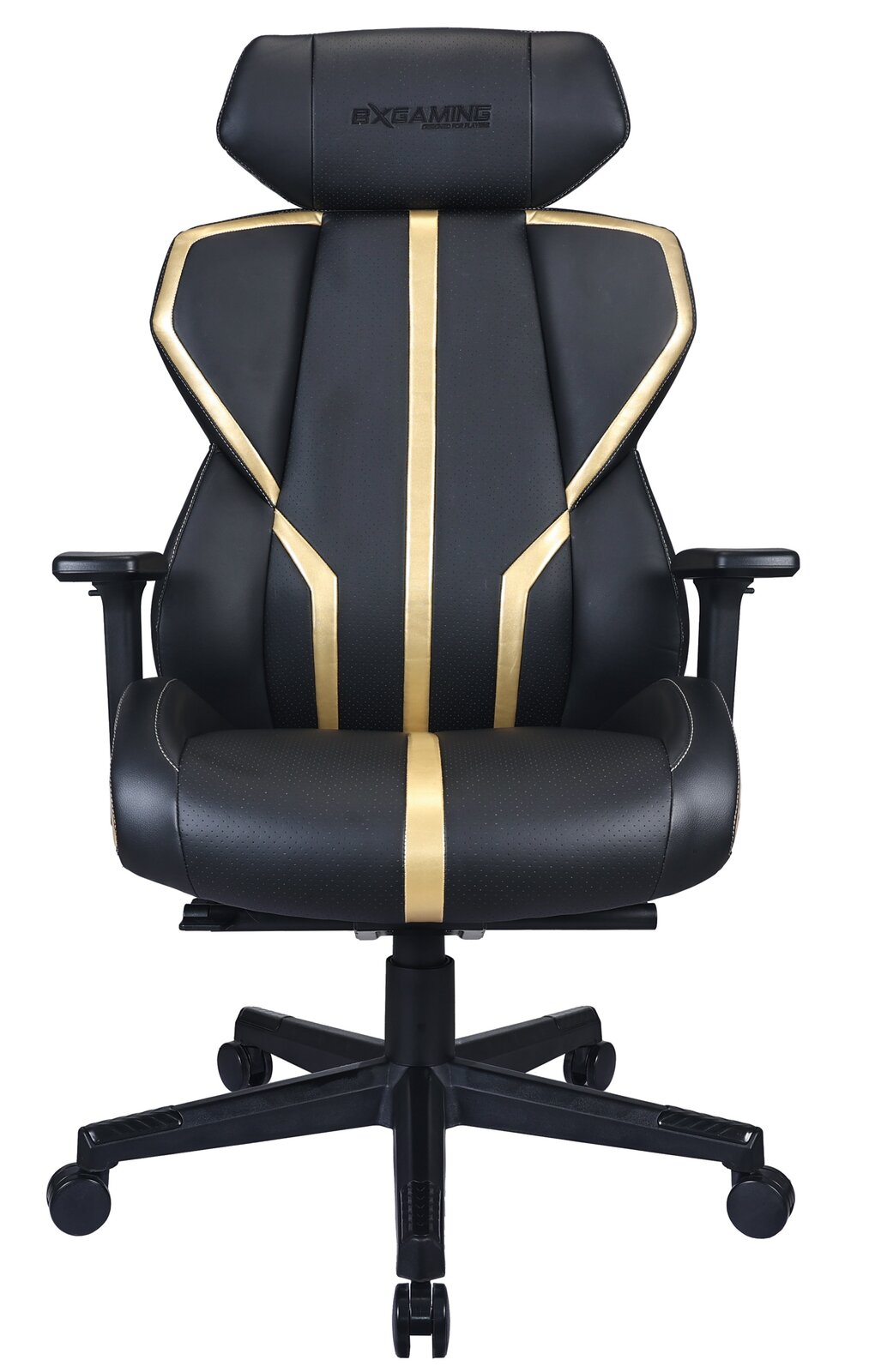 Schwarzer Gaming-Stuhl mit goldenen Akzenten, Vorderansicht