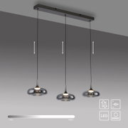 Moderne 3-flammige LED-Pendelleuchte mit drei rauchgrauen Glas-Schirmen an schwarzer Deckenleiste, höhenverstellbar, in Frontansicht leicht von unten