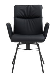 Schwarzer Armlehnstuhl aus Leder mit Metallbeinen, Frontalansicht