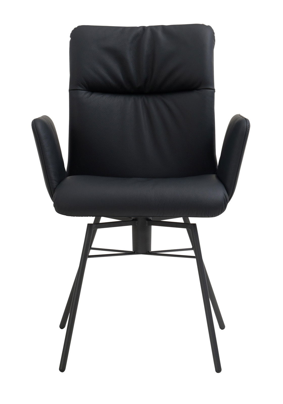 Schwarzer Armlehnstuhl aus Leder mit Metallbeinen, Frontalansicht
