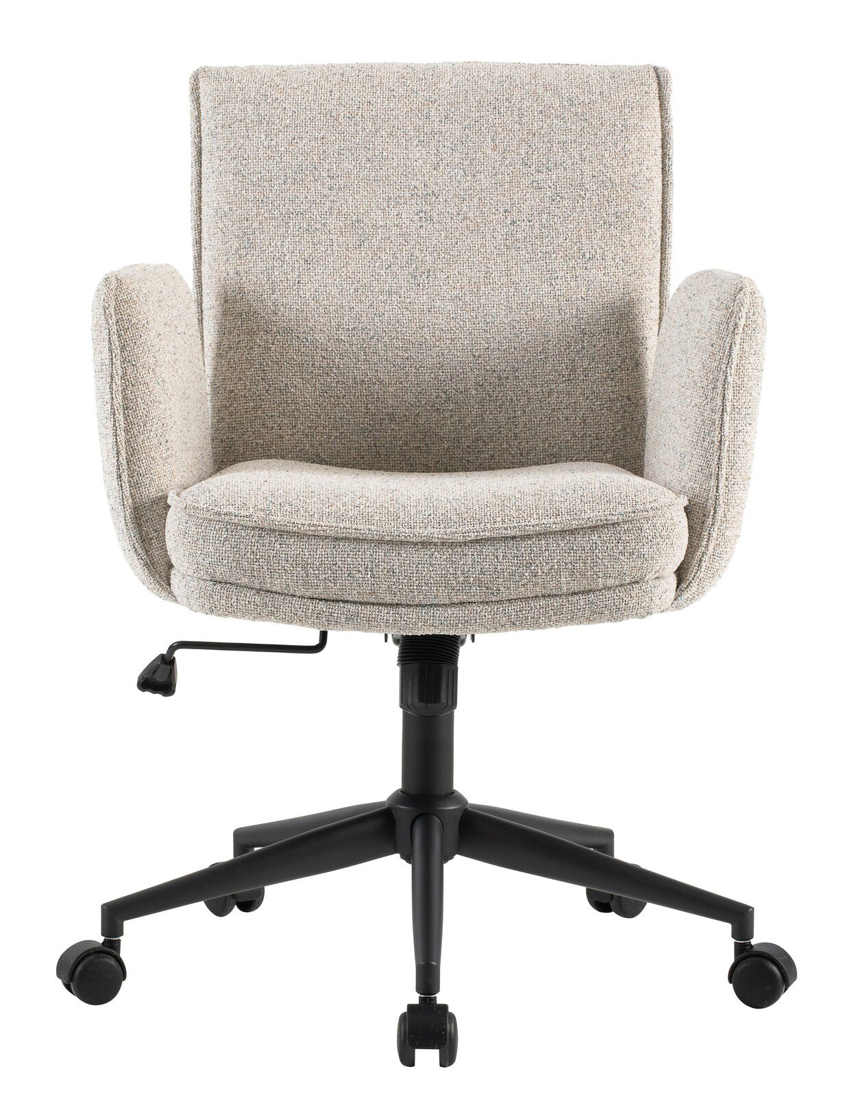 Beiger Drehstuhl mit Armlehnen und schwarzem Fußgestell, Frontalansicht