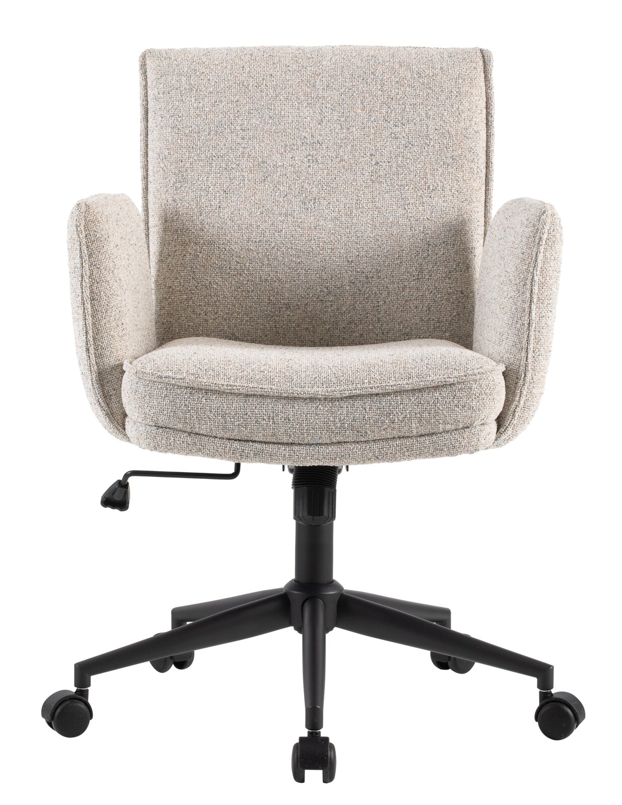 Beiger Drehstuhl mit Armlehnen und schwarzem Fußgestell, Frontalansicht