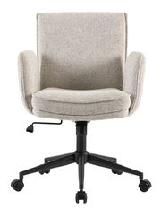 Beiger Drehstuhl mit Armlehnen und schwarzem Fußgestell, Frontalansicht