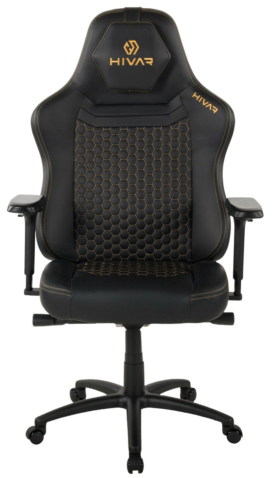 Schwarzer Gaming-Stuhl mit gelben Nähten und Wabenmuster, Vorderansicht