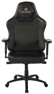 Schwarzer Gaming-Stuhl mit gelben Nähten und Wabenmuster, Vorderansicht