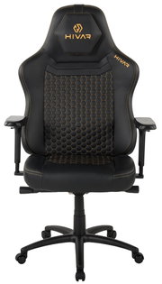 Schwarzer Gaming-Stuhl mit gelben Nähten und Wabenmuster, Vorderansicht