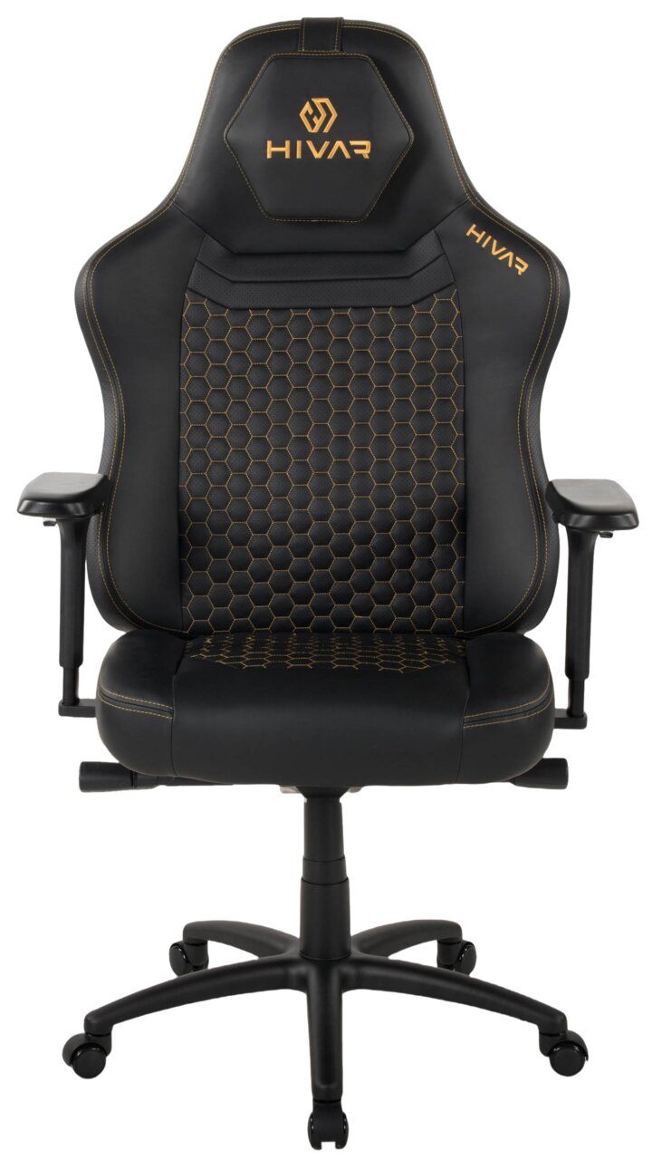 Schwarzer Gaming-Stuhl mit gelben Nähten und Wabenmuster, Vorderansicht