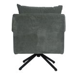 Rückansicht eines Sessels mit dunkelgrauem Stoffbezug und schwarzem Metallfuß.