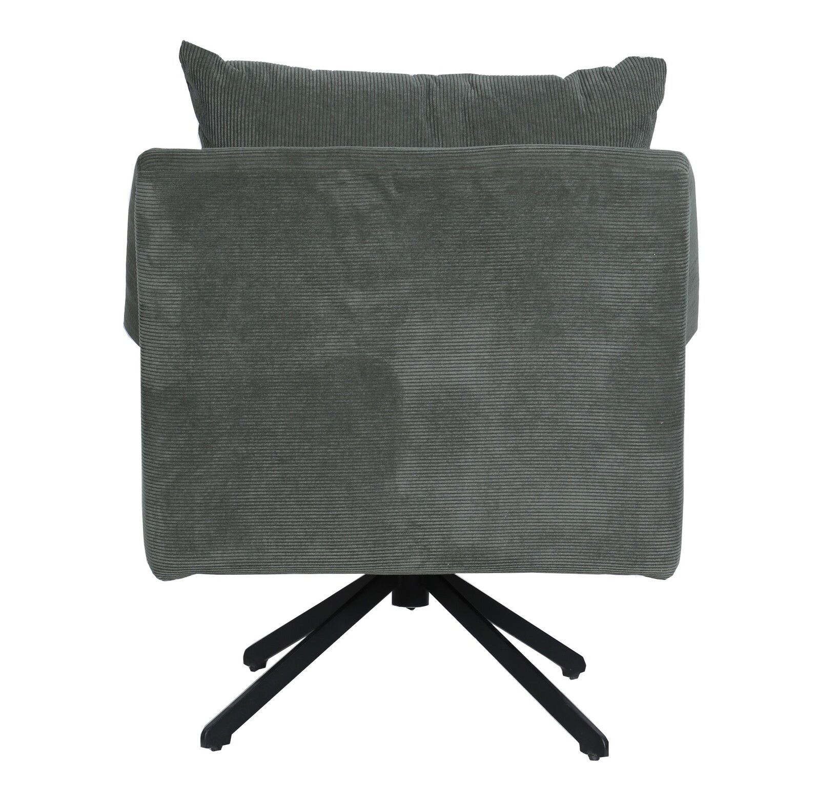 Rückansicht eines Sessels mit dunkelgrauem Stoffbezug und schwarzem Metallfuß.