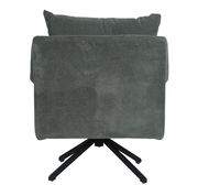 Rückansicht eines Sessels mit dunkelgrauem Stoffbezug und schwarzem Metallfuß.