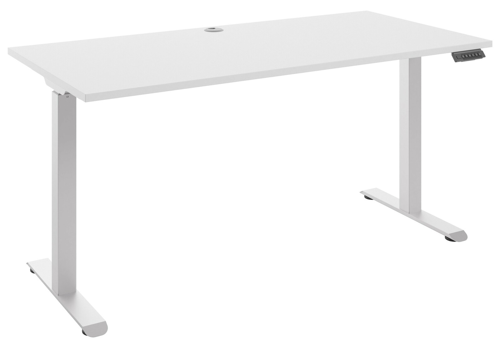 Moderner weißer E-Schreibtisch mit rechteckiger Tischplatte und höhenverstellbaren Beinen, seitliche Perspektive