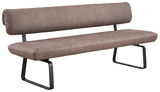 Braune Sitzbank mit Rückenlehne, seitliche Perspektive, modernes Design mit Metallbeinen.