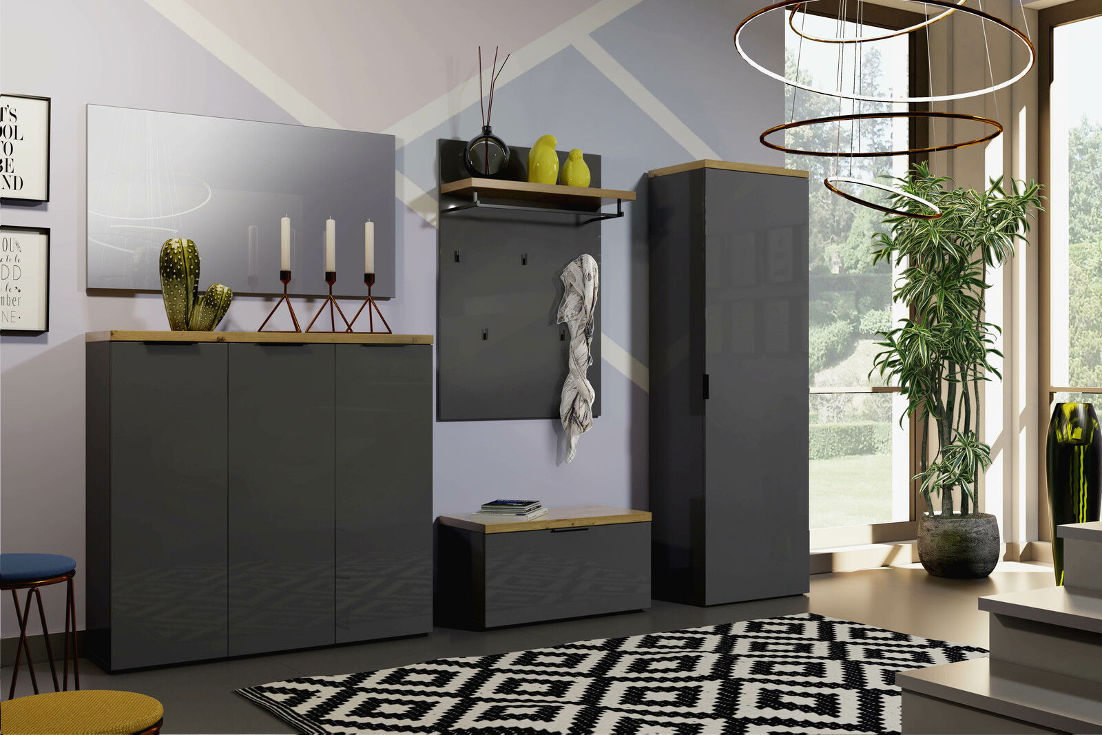 XORA XL-Schuhschrank IDEA ANTHRAZIT Moderne Garderobeneinrichtung in anthrazit mit Spiegel, Schuhschrank, Garderobenpaneel und Bank, seitliche Perspektive