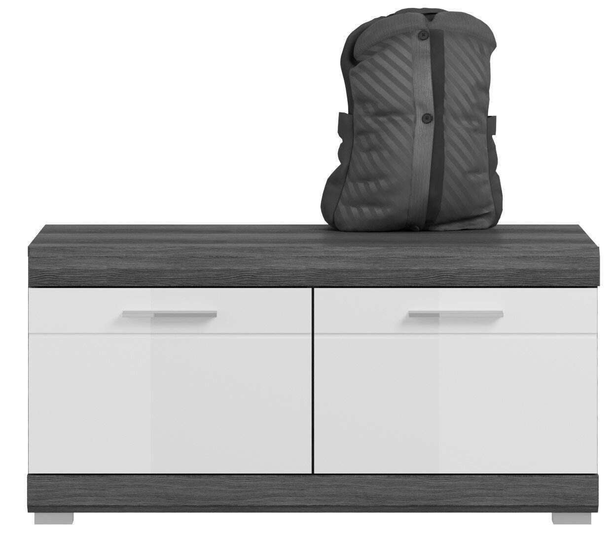 Garderobenbank in moderner Holzoptik mit weißer Front, darauf ein schwarzer Rucksack, Frontalansicht