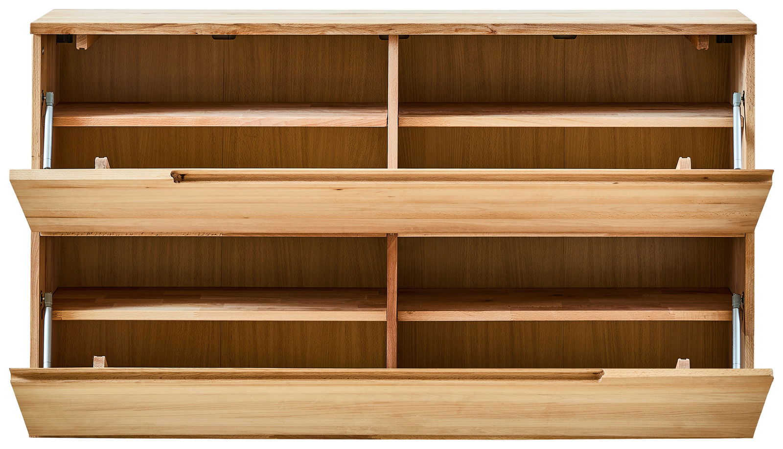 Hängeschuhschrank aus Holz mit zwei offenen Klappen, frontale Ansicht