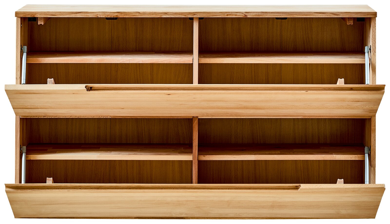 Hängeschuhschrank aus Holz mit zwei offenen Klappen, frontale Ansicht