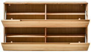 Hängeschuhschrank aus Holz mit zwei offenen Klappen, frontale Ansicht